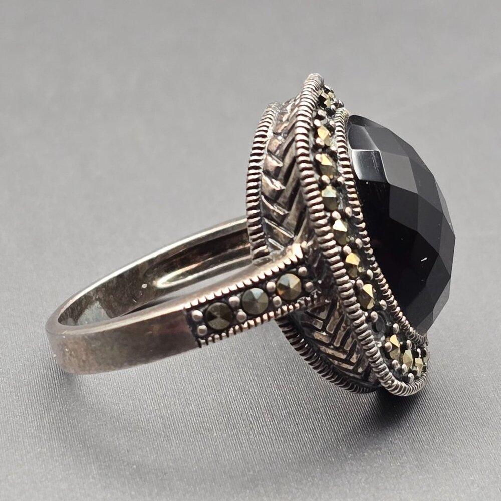 NF Sterling Silver Black Onyx & Marcasite Ring Size 9 Checkerboard Cut 8.92g - Picture 5 of 13
